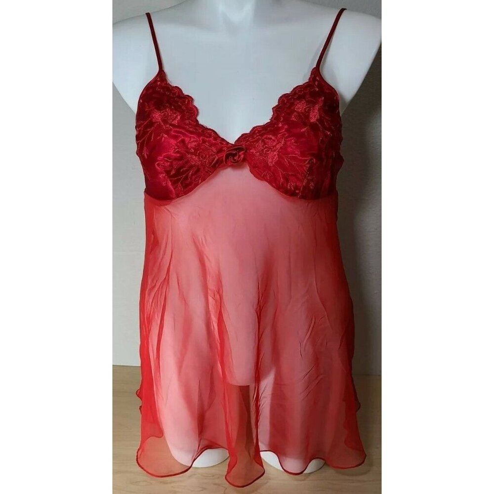 Vtg Alexandra Nicole Women's Sleeveless Sheer Chiffon Babydoll Nightgown Red L